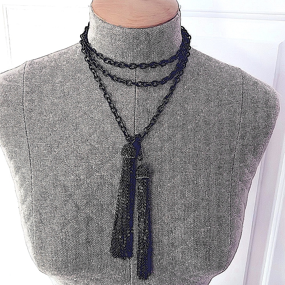 Long Gunmetal Lariat Chain Necklace w/Chain Tassels & Pave Crystals